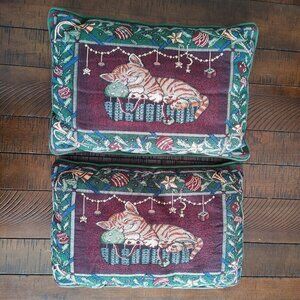 Tabby Cat Tapestry Fabric Pillows Holiday Christmas Set of 2 pair